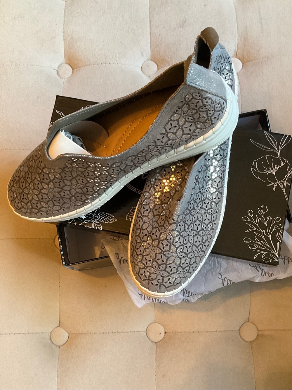 Atalina Women's Pewter Slip-On Laser-Cut Flats with Cushioning